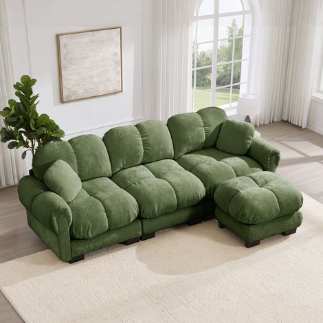 Canapé d’angle L 3 places Cloud avec ottomane mobile et 2 coussins, chenille vert, REDOM (1/5)