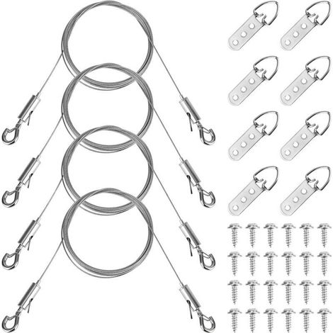 Verstellbares Aufhängeset mit 4 Drähten, 8 D-Ringen und 24 Schrauben – Maximale Traglast 35 kg für Rahmen, Spiegel und Leinwände (1/4)