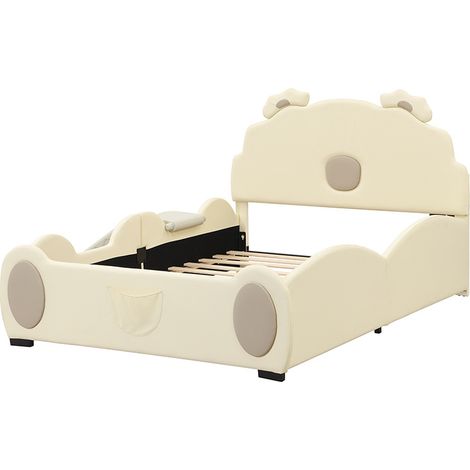 Cama infantil 140 x 200 cm en PU y MDF con tobogán y escalera, beige, motivo oso cartoon (1/5)