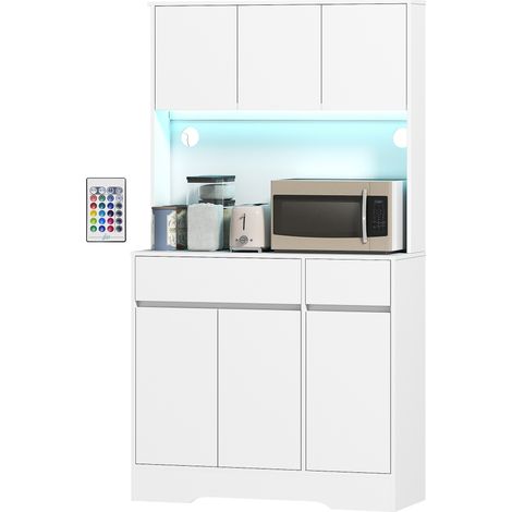 Hohes Küchen-Sideboard mit RGB-LED-Beleuchtung, Arbeitsplatte, 6 Türen, 2 Schubladen, weiß