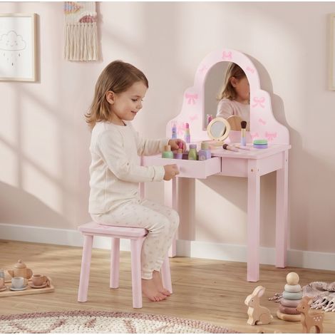 Tocatore per bambini 2-in-1 con sgabello, specchio rimovibile e cassetto, per camera, legno bianco e rosa (1/5)