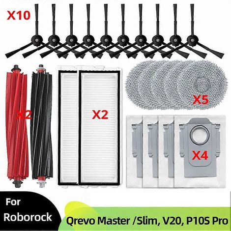 Ersatzteile für die Staubsauger Qrevo Master, Qrevo Slim V20 und P10S Pro: Hauptbürste, Seitenbürste, Tuch, Staubbeutel und Zubehör.