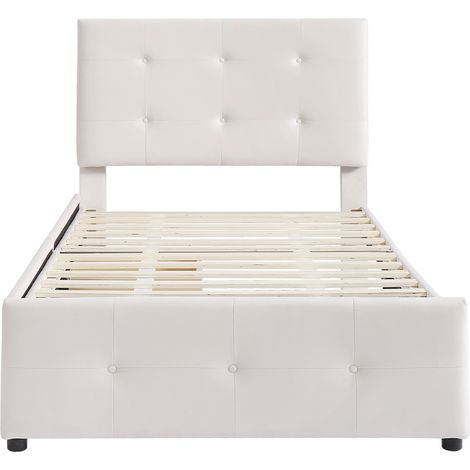 Lit rembourré 90 x 200 cm avec sommier, tête de lit et 2 tiroirs, velours beige HOMVRA (1/5)
