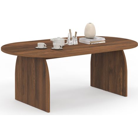 Idmarket – Table basse fixe japandi ovale 110 cm – Bois effet noyer – Dimensions 110x60x40 cm – Design moderne et compact (1/5)