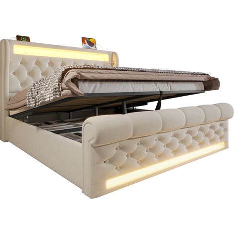 Lit capitonné double 160x200, LED, tête coffre USB et Type-C, lit coffre hydraulique, beige, velours, matelas non inclus, pour chambre adulte, gain de place (1/5)