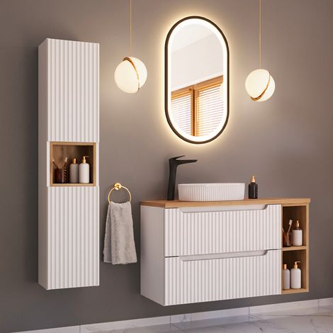 Ensemble meuble simple vasque 100cm 2 tiroirs 2 niches et colonne Riva Blanc et Bois (1/5)