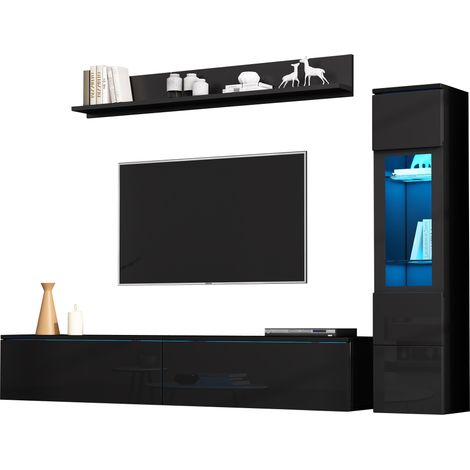 ELVMI Ensemble Meuble TV Mural avec Meuble TV, Vitrine et Étagère Murale, Éclairage LED, Panneaux de Particules, Noir (1/5)