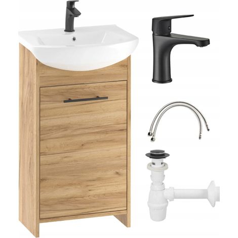 Conjunto de mueble de baño de roble dorado de 45 cm con lavabo, grifo y sifón Frigo.