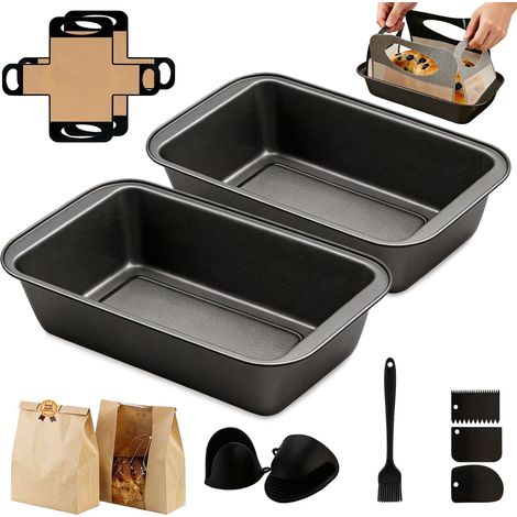 Moule à Cake Lot de 2, Moule à Pain Rectangulaire Antiadhésif Acier Carbone 28x15x5,5 cm, 2 Tapis de Cuisson, 1 Pinceau, 3 Coupe-Pâtes, 10 Sacs à Pain, Gants Thermiques, pour Pain de Mie, Cake, Gâteau (1/5)