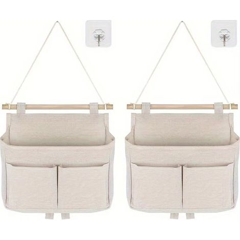 Sac de rangement suspendu - 2 pièces - Paniers muraux - Poches murales suspendues - Organisateur - Suspendu - Coton et lin - Pour maison, école, bureau, magasin, camping-car, tente - 25 x 27 x 6 cm - (1/5)
