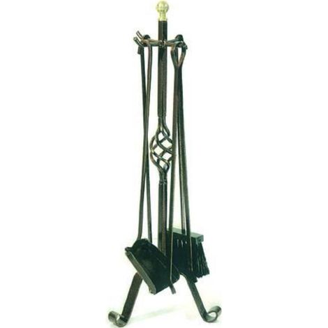 ATTREZZI CAMINO SET 4 PZ FERRO BATTUTO NERO + POMI OTTONE cm..25x70h FERR 245883