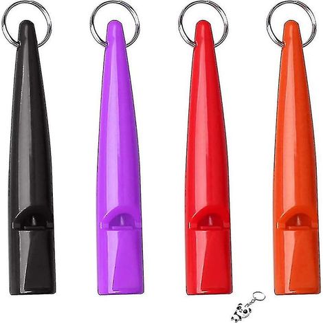 Lot de 4 sifflets professionnels pour chiens, sifflets de dressage en plastique à tonalité aiguë avec porte-clés et cordon pour aboyer et rappeler. (1/3)