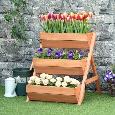 Jardinera de Madera de 3 Niveles Jardinera Elevada Exterior con Orificios de Drenaje 65x75x76 cm Marrón (1/5)