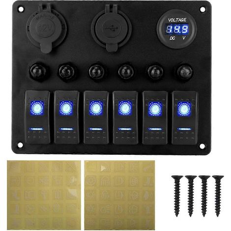 Universelles Auto- und Wohnmobil-Schaltfeld mit 6 Schaltern, 12/24 V, Kippschalter, Voltmeter C--