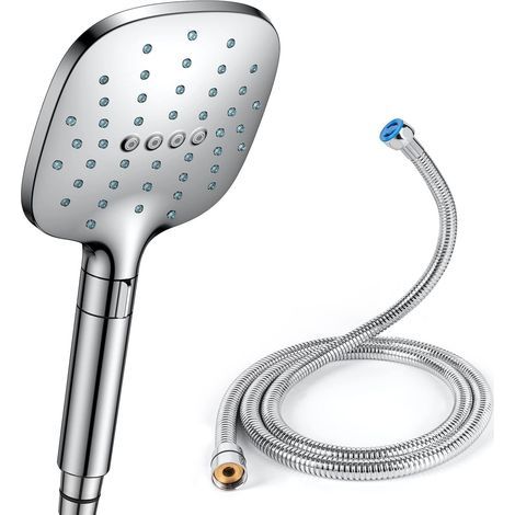 Pommeau de Douche Anti Calcaire Douchette Douche Salle de Bain avec Tuyau Economie Deau Pomme de Douche Carrée Chrome (1/5)