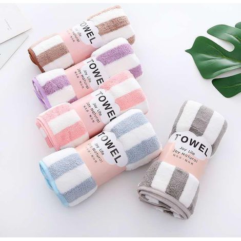 Lot de 5 serviettes de toilette douces et absorbantes en polaire corail à rayures colorées et tissage chaîne. (rayures cationiques) (1/5)
