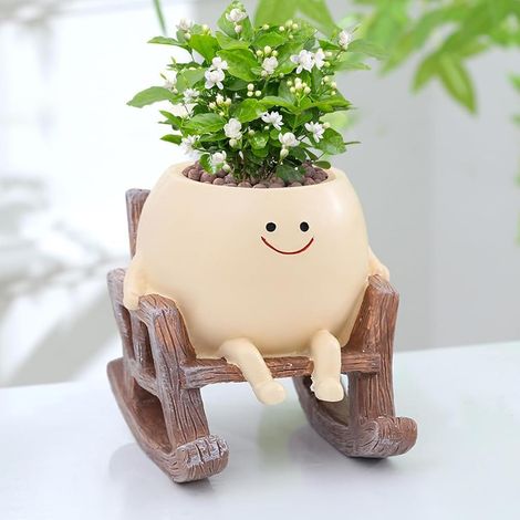 Pot de Fleurs avec Visage Souriant Pot Fleur en Résine pour Chaise à Bascule avec Trou de Drainage Pot de Fleurs Succulentes Créatives pour Décoration D'intérieur (01) (1/5)