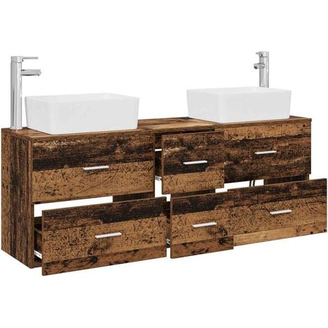 Meuble Salle de Bain 3 Pièces en Bois Massif Style Rétro Vintage, Ensemble Vasque avec Miroir et Étagère de Rangement, Design Rustique Chaud pour Salle d'Eau Moderne (1/5)