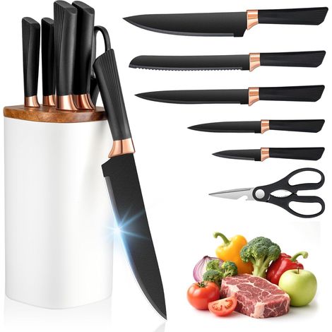Set 6 Coltelli Cucina Acciaio Inox con Blocco Coltelli Bianco (1/5)