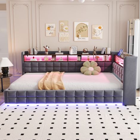 Divano letto 90x200 cm in velluto grigio scuro salvaspazio per camera, senza materasso FloraGrace (1/5)