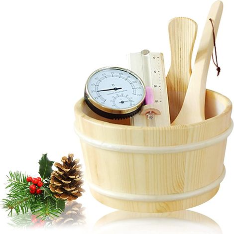 Seau Pour Sauna, 4l 5 PièCes Set Complet Pour Sauna Seau Avec Louche Bois Pin Finlandais Haute Qualité Accessoires Pour Sauna Seau Pour Infusion (Seau Pour Sauna+Louche+ThermomèTre HygromèTre+Sablier) (1/5)