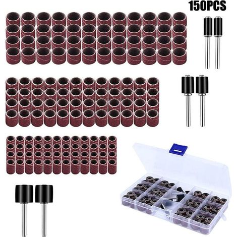 150 Pièces Tambour De Ponçage avec Boîte Gratuite, Comprenant 144 Pièces Bandes de Ponçage et 6 Pièces Tambour Mandrin pour Outils Rotatifs (1/4)