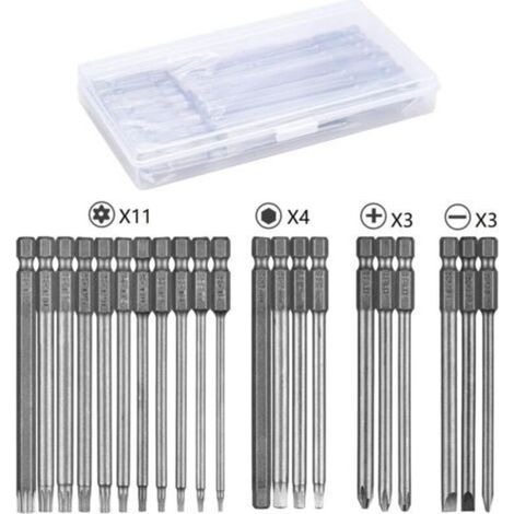 Jeu d'embouts de tournevis 21 pièces, embout de 100 mm de long, T6-T40, 6 pans 3-6 mm, Phillips PH2, fente 4-6 mm, tige hexagonale 1/4\ (1/4)