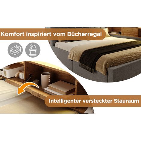 Cama tapizada 90x190 cm de lino gris, con LED y almacenaje, ahorra espacio, sin colchón – MEUBLIV (1/5)