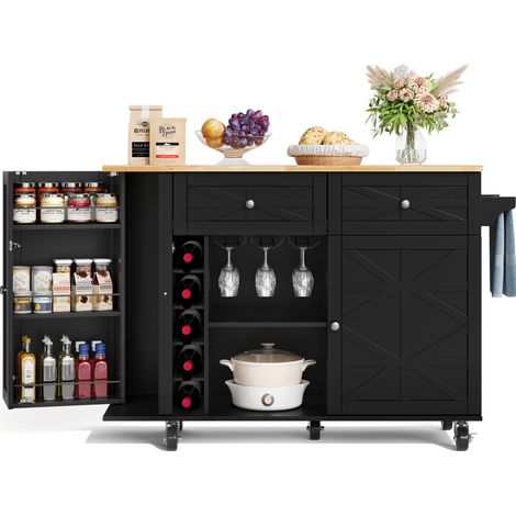 Isla de cocina móvil CHICFURN 120 × 70 × 89 cm, negra, de MDF, con tablero abatible (1/5)