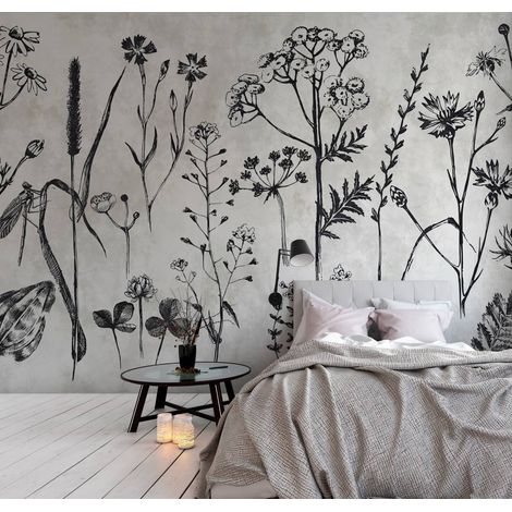 Papier peint panoramique fleuri noir et blanc | Tapisserie panoramique parfaite pour cuisine | Papier peint panoramique à motif fleurs - 270 x 500 cm (5 pièces) (1/5)