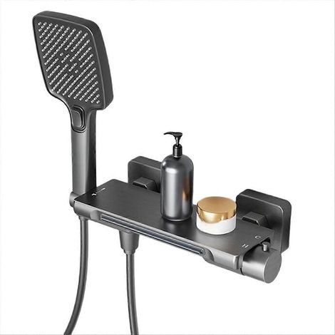 Dusch- und Badewannenarmatur-Set mit Wasserfalleffekt für Badezimmer, Messing-Wandmontage, Kalt-/Kaltwassermischer, grauer Duschkopf (1/5)