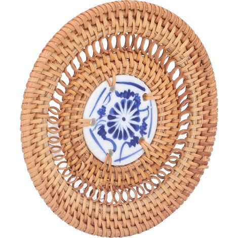 Porte-tasse rond en porcelaine bleue et blanche pour tasses Basil Cups - Rotin tressé - 10 cm