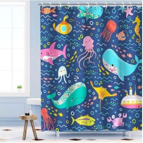 Rideau de douche à 12 crochets, motif baleine, animaux marins, décoration de salle de bain, 180 x 180 cm (largeur x hauteur) (1/5)