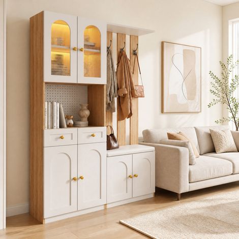 Mobile d'ingresso con panca, LED e vani portaoggetti, 120 x 30 x 180 cm, MDF, bianco e decoro rovere (1/5)