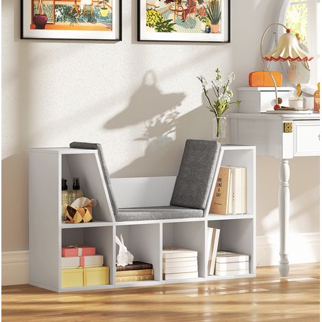 Librería con cojín, estantería de 6 compartimentos, blanca, 105 x 30 x 63 cm, OKWISH (1/5)