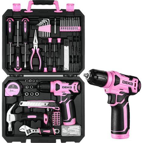 Caisse a Outil Rose avec Perceuse Visseuse Multifonction Sans Fil 8V, 126 Pièces Malette Outils complete, Ensemble d'Outils avec Perceuse pour Réparation, Entretien et Travail (1/5)