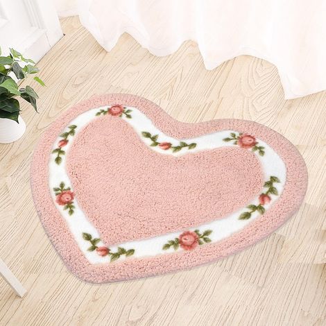 Tapis de bain à motif floral rose, antidérapant, en microfibre absorbante, doux et moelleux, en forme de cœur, rose, 50 cm x 60 cm (1/5)