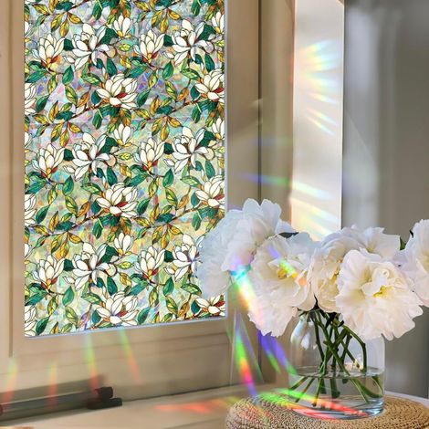 CCYKXA Retro-Fensterfolie mit Blumenmuster für mehr Privatsphäre – Buntglas – Weiße Magnolie – Sichtschutz – Regenbogenaufkleber blockieren Sonnenlicht – Abnehmbar (1/5)