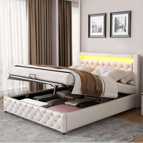 lit adulte double rangement coffre LED 140x190 PU blanc OKMYHOME (1/5)