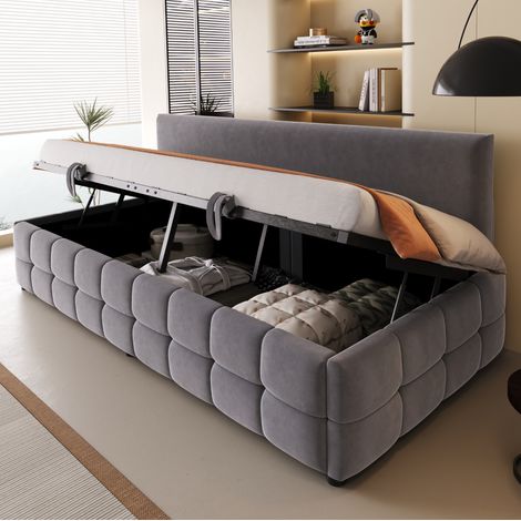 Sofá cama CHICFURN 90x200 cm de terciopelo gris oscuro con almacenaje, sin colchón (1/5)
