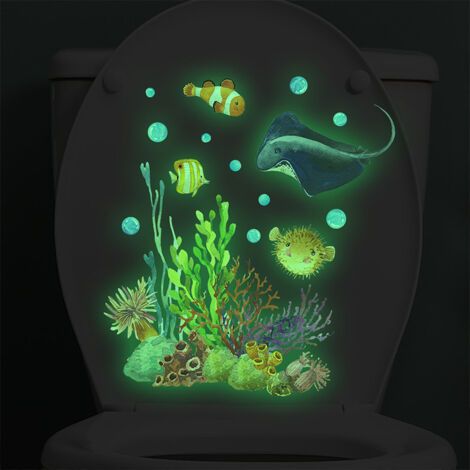 BUNTHAUS Autocollant phosphorescent corail poisson diable pour siège de toilette (lumière verte) Monde sous marin, Home Decor Wall Stickers (1/5)