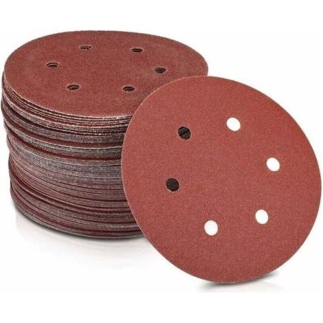 Disques abrasifs en papier Ø 125 mm Grain 240 6 trous en rouge Papier abrasif pour ponceuses plaques de plâtre, ponceuses à col long.Lot de 50 disques (1/5)
