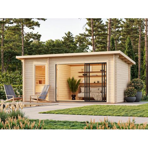 Sauna traditionnel en bois 12,8 m² – Structure en madriers massifs 44 mm – Porte vitrée en verre trempé – Bancs à deux niveaux en tremble – Palmako (1/5)