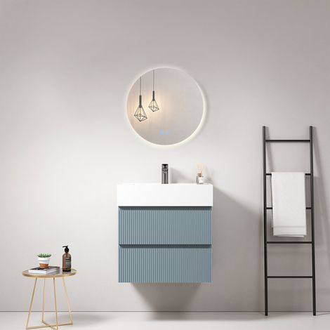 Mobile bagno sospeso cannettato 60 cm Blu Avio Lavabo in Resina Specchio Tondo Retroilluminato - Fiji Paint