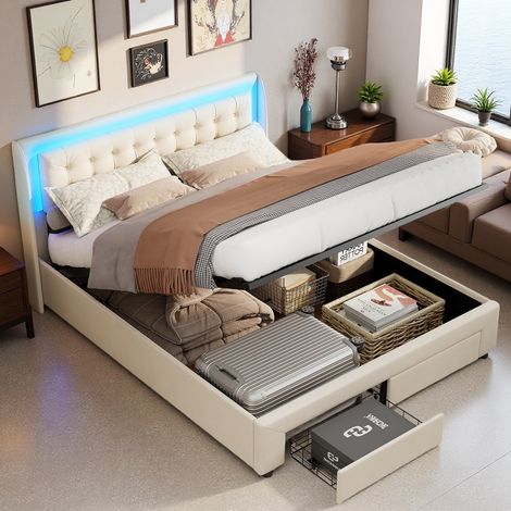 Bett mit Stauraum 180x200 cm – mit LED-Beleuchtung – zwei Schubladen am Fußende – Samt – hydraulischer Stauraum – Lattenrost – geeignet für Erwachsene und Jugendliche – Beige