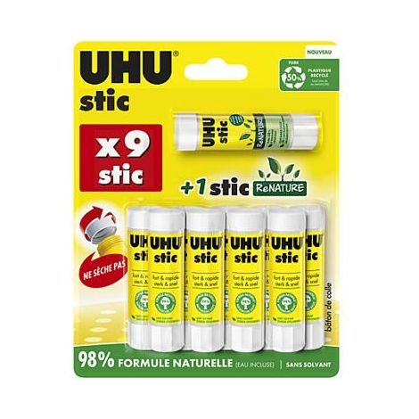 Bâtons de colle - UHU - Blanche - 8,5g - 9 tubes + 1 gratuit - Scolaire - Formule naturelle