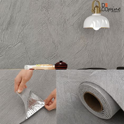 Papier peint autocollant texturé effet enduit spatulé gris minéral 60 x 280 cm, revêtement mural PVC auto-adhésif 2,5 mm decopine (1/5)