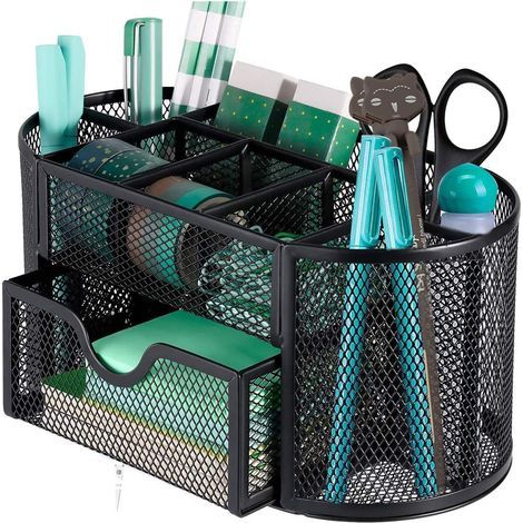 Desk Storage Organiser, Metal Mesh Desk Organiser/Pencil Holder/Desk Accessory/Pen Holder, Multifunction Office Supply for Home Office School, Black (1/5)