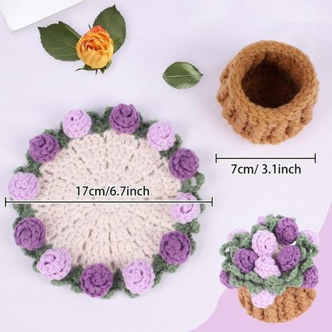 Dessous de verre crochetés à la main avec mini panier - Dessous de verre bohèmes à motifs floraux pour table basse, cadeau d'anniversaire, cadeau de mariage et motif rose vintage (violet) (1/5)
