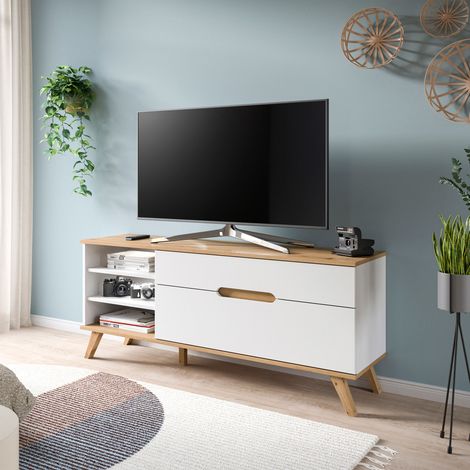 Meuble TV 2 tiroirs 140x40x60cm décor blanc et naturel - VIKATA